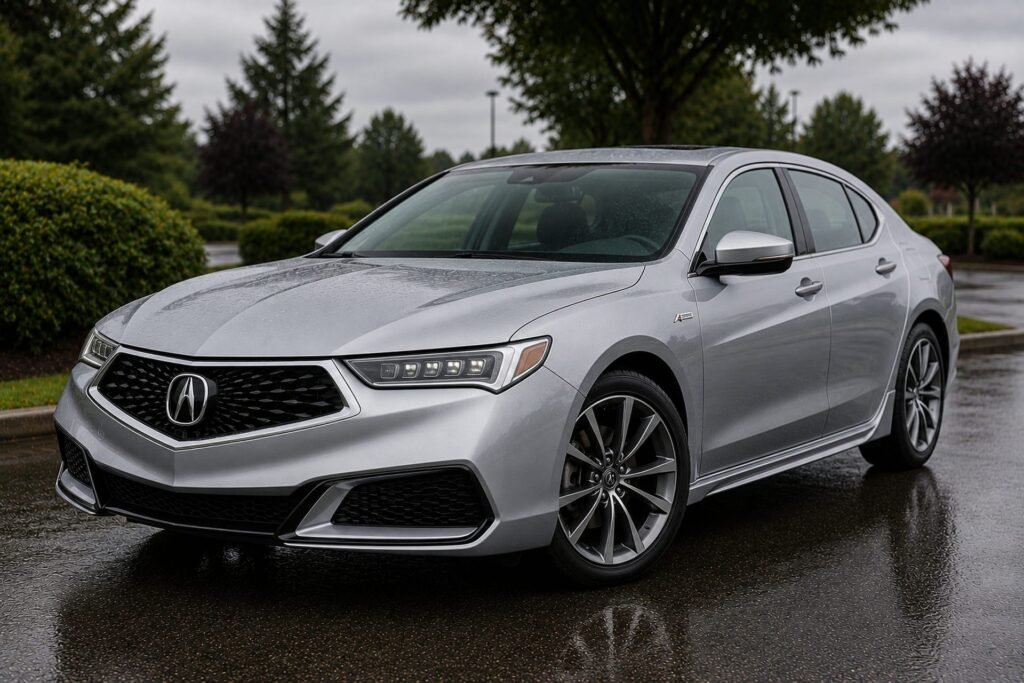 A silver Acura TLX sedan on wet pavement — Acura repair and maintenance at Chuck's Auto Repair in North Seattle