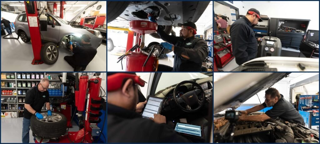 Chuck's Auto Repair technicians performing brake repair, oil change, AC service, tire mounting, digital inspection, and engine repair in North Seattle