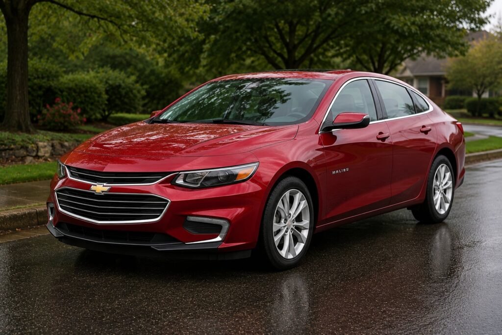 A red Chevrolet Malibu sedan on a rainy street. Chevrolet repair and maintenance at Chuck's Auto Repair in North Seattle