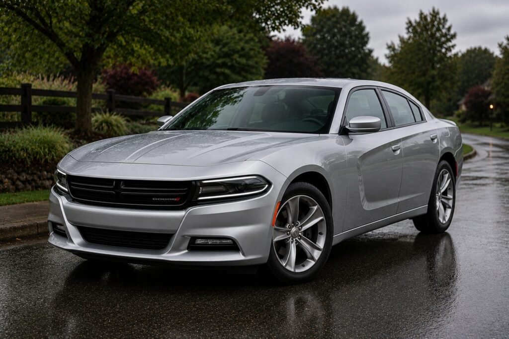 A silver Dodge Charger sedan on a rainy day. Dodge repair and maintenance at Chuck's Auto Repair in North Seattle