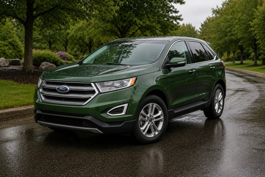 A green Ford Edge SUV on wet pavement. Ford repair and maintenance at Chuck's Auto Repair in North Seattle