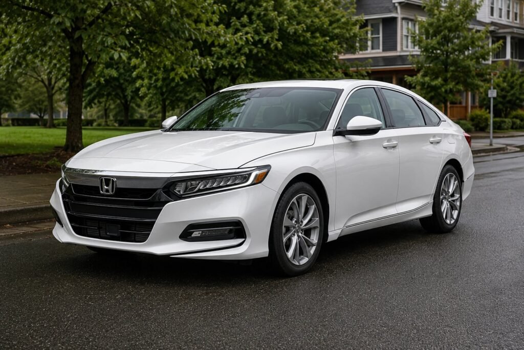 A white Honda Accord sedan parked on a tree-lined street Honda repair and maintenance at Chuck's Auto Repair in North Seattle