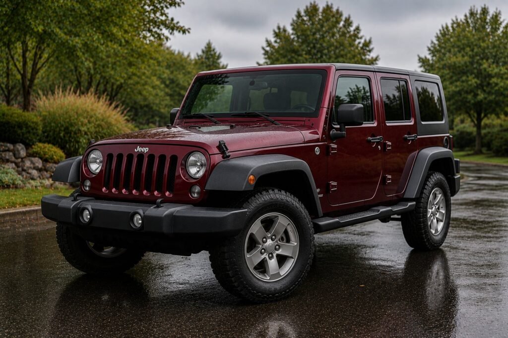 A dark red Jeep Wrangler Unlimited on wet pavement Jeep repair and maintenance at Chuck's Auto Repair in North Seattle