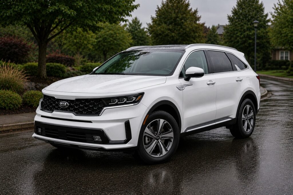 A white Kia Sorento SUV on a rainy street Kia repair and maintenance at Chuck's Auto Repair in North Seattle