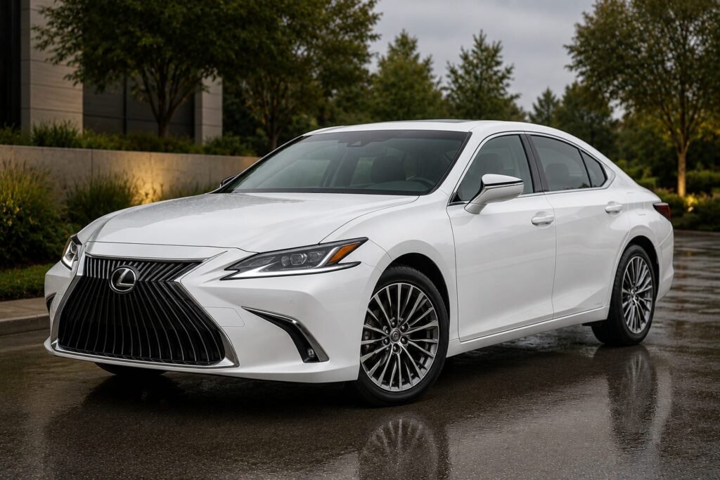 A white Lexus ES sedan on a rainy evening Lexus repair and maintenance at Chuck's Auto Repair in North Seattle