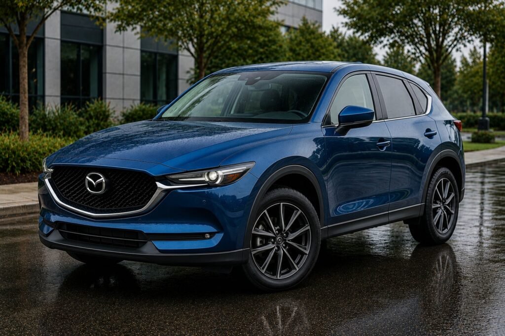 A blue Mazda CX-5 SUV on a rainy day Mazda repair and maintenance at Chuck's Auto Repair in North Seattle