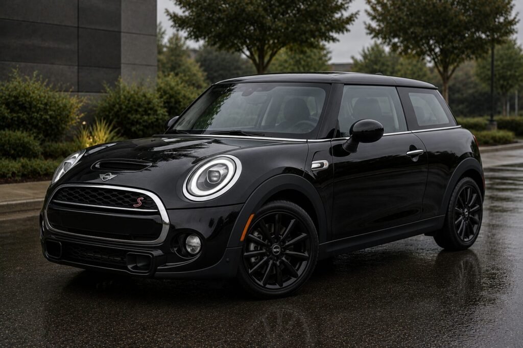 A black MINI Cooper S on wet pavement MINI repair and maintenance at Chuck's Auto Repair in North Seattle