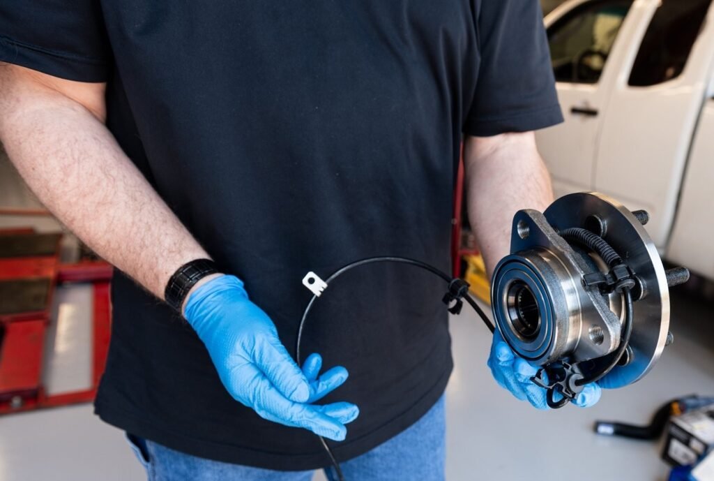 Technician holding a new wheel hub bearing (sealed bearing and ABS wire) before installation during wheel bearing replacement at Chuck's Auto Repair in North Seattle