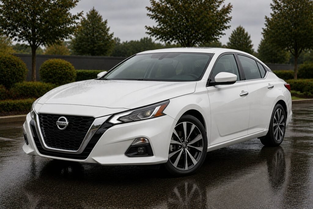 A white Nissan Altima sedan on a rainy street Nissan repair and maintenance at Chuck's Auto Repair in North Seattle