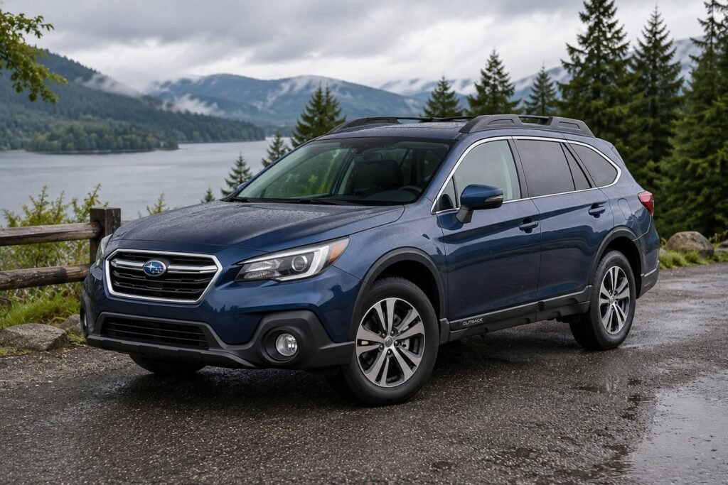 A blue Subaru Outback wagon by a Pacific Northwest lake Subaru repair and maintenance at Chuck's Auto Repair in North Seattle