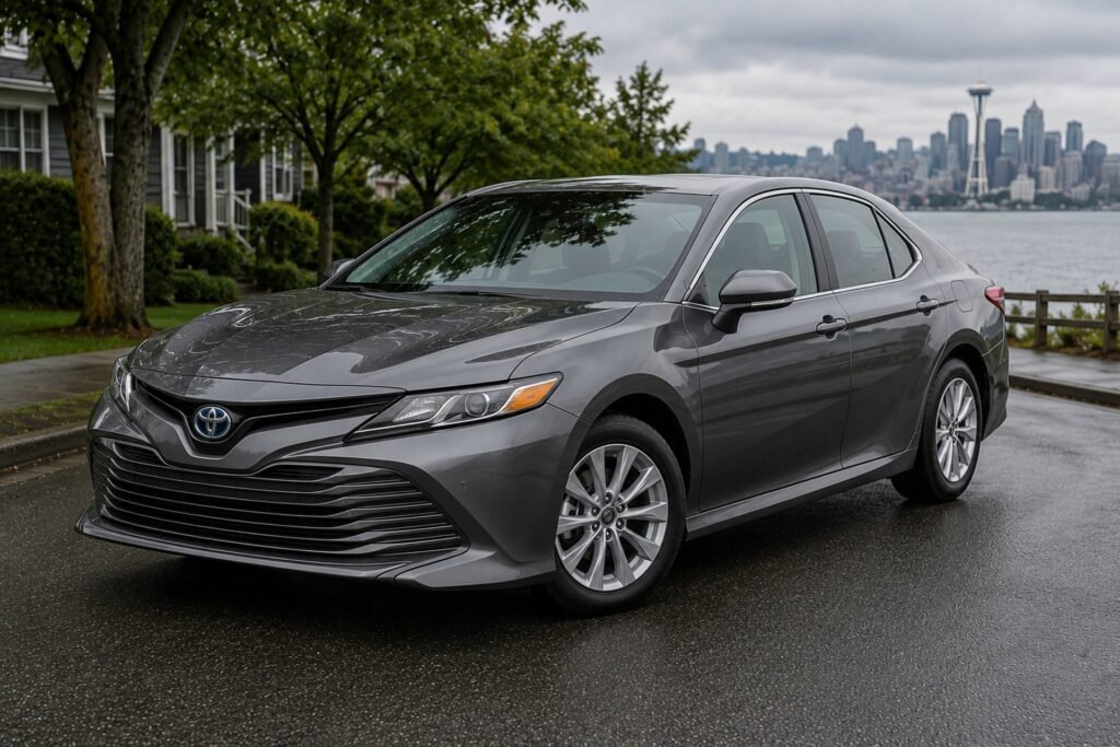 A gray Toyota Camry hybrid sedan with the Seattle skyline behind Toyota repair and maintenance at Chuck's Auto Repair in North Seattle
