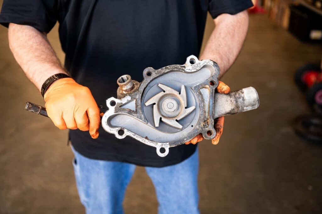 Technician holding a water pump — failed bearing/seal during water pump replacement at Chuck's Auto Repair in North Seattle