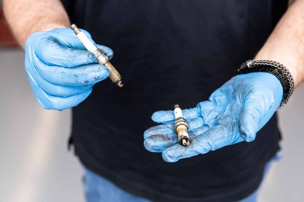 Technician holding spark plugs — worn, replaced during spark plug replacement at Chuck's Auto Repair in North Seattle