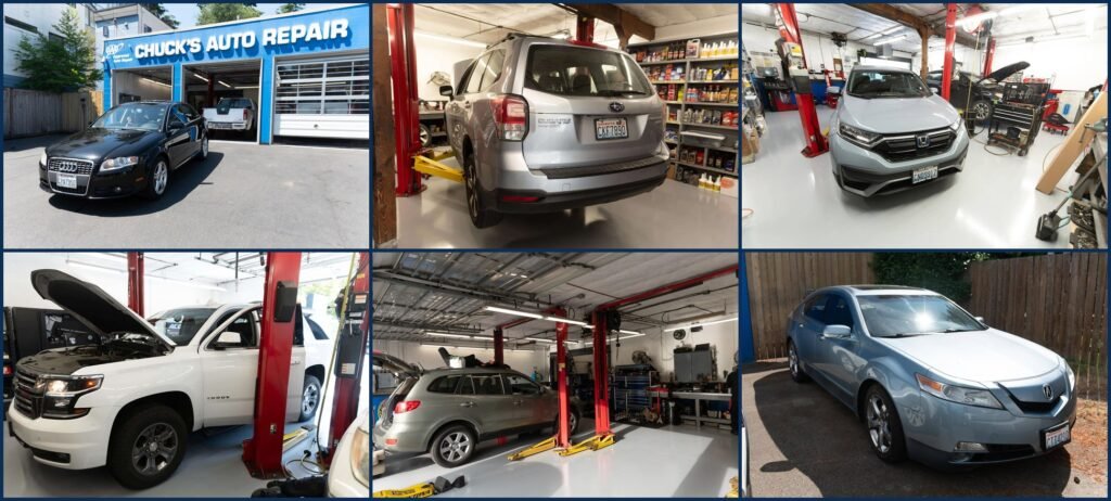 Audi, Subaru, Honda, Chevrolet, Hyundai, and Acura customer vehicles in service at Chuck's Auto Repair in North Seattle