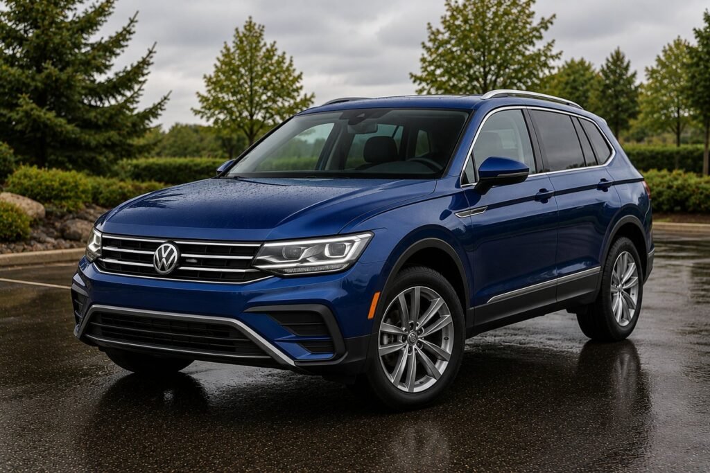A blue Volkswagen Tiguan SUV on a rainy day Volkswagen repair and maintenance at Chuck's Auto Repair in North Seattle