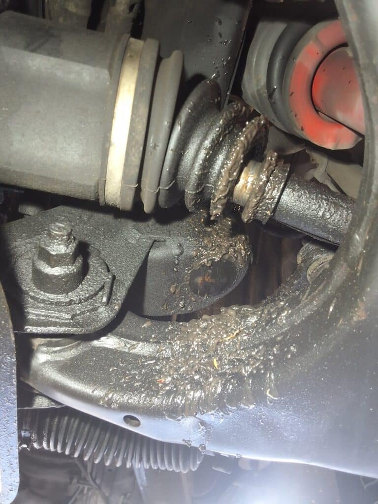 Rear axle and brake area on a Toyota Tacoma inspected for a differential oil leak.